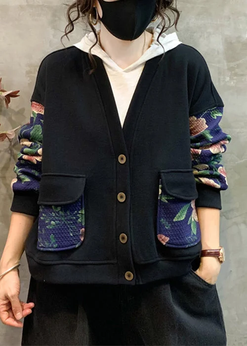 Comfortable Lifestyle Navy Print Patchwork Warm Fleece Coat V Neck Long Sleeve
