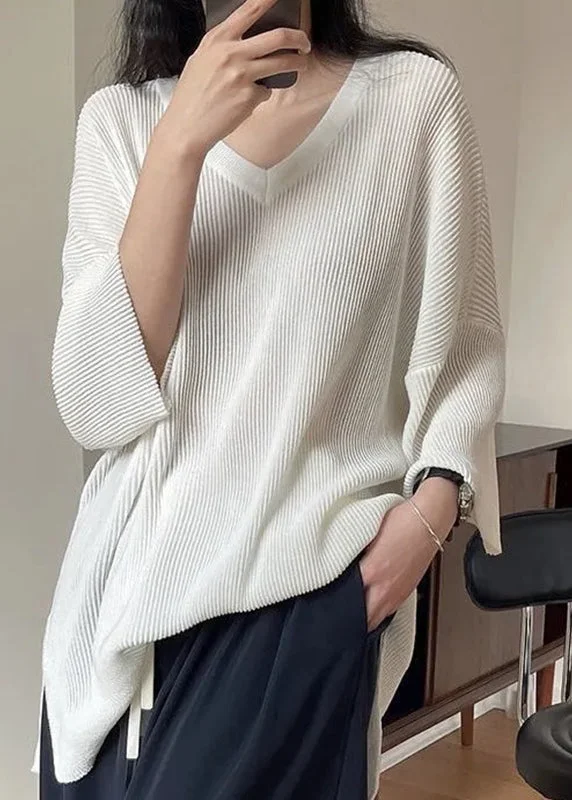 Luxe Vibes Art White V Neck Side Open Ice Silk Knit T Shirt Bracelet Sleeve