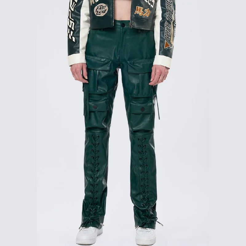 Feminine Grace High Rise Utility Bootcut Laced Vegan Leather Pants - Oxidized Green