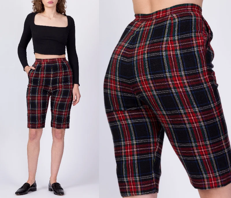 Preppy Look 70s Red & Black Plaid Long Fitted Shorts - Extra Small, 24"