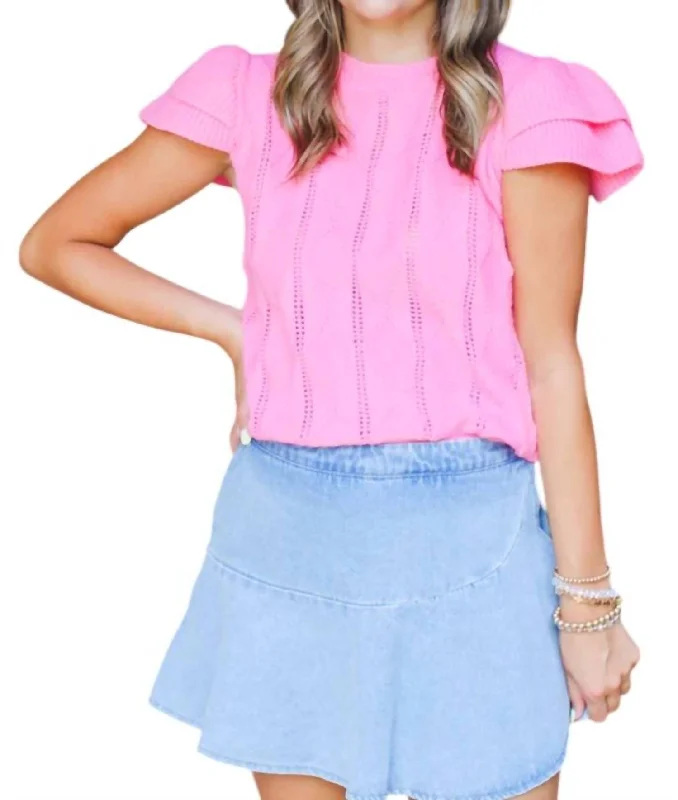 Brittan Butterfly Sleeve Sweater Top In Hot Pink