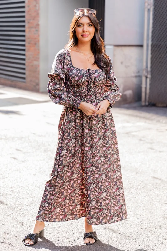 For The Last Time Black Multi Floral Long Sleeve Midi Dress FINAL SALE