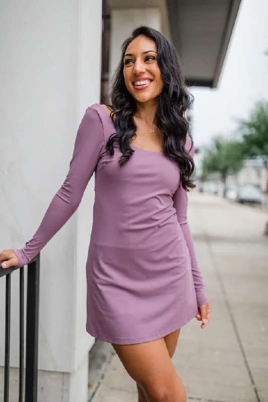 On The Rise Mauve Long Sleeve Open Back Active Dress