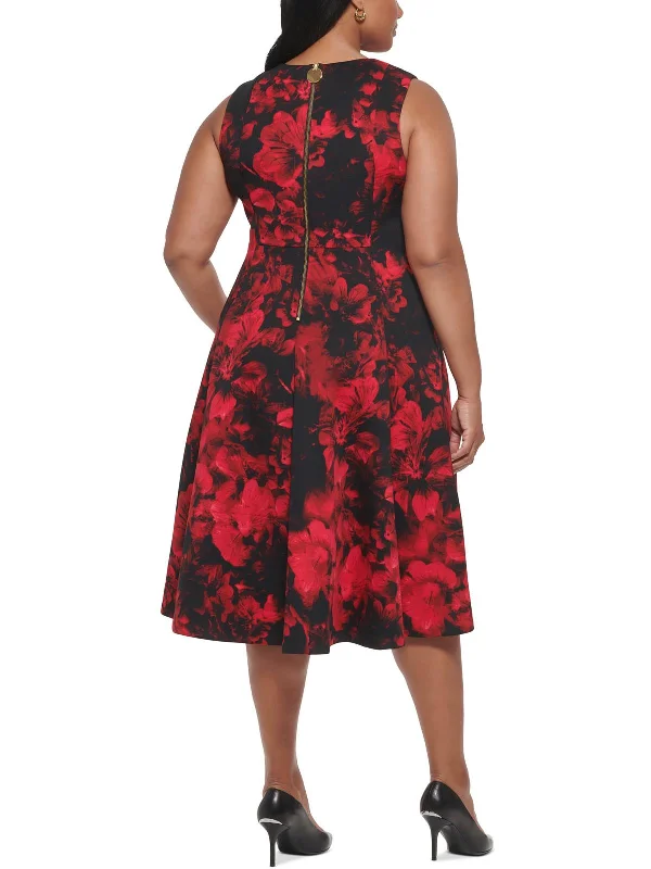 Plus Womens Floral Midi Fit & Flare Dress