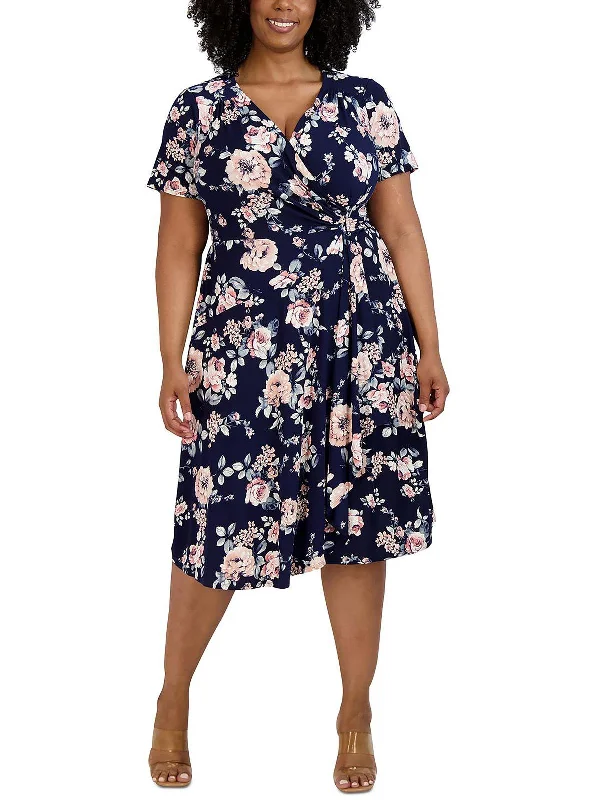 Plus Womens Floral Print Midi Wrap Dress