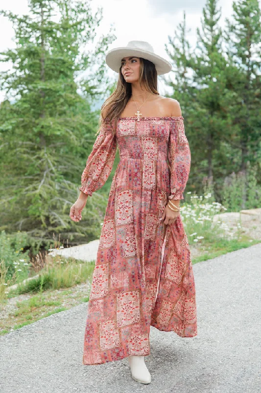 Sounds In My Mind Brick Off The Shoulder Printed Maxi Dress