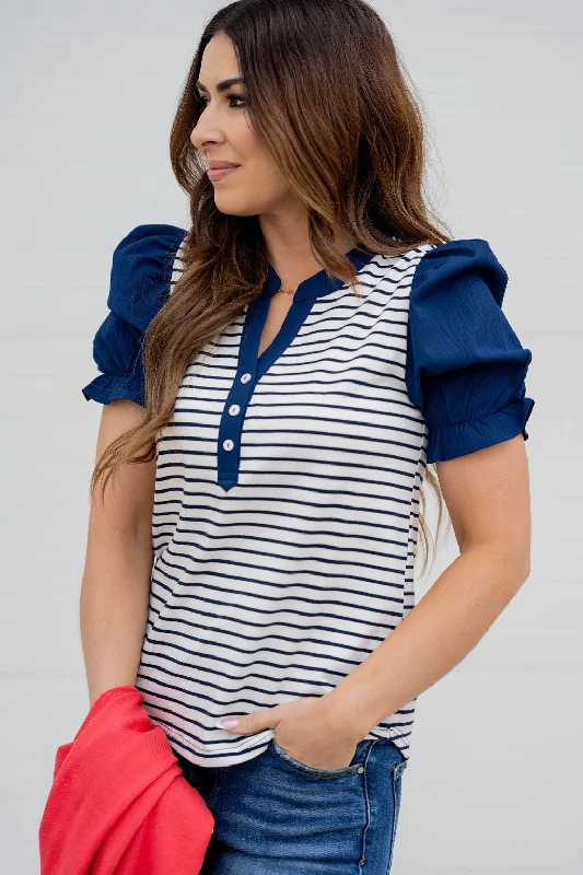 Striped Solid Puff Sleeve Tee