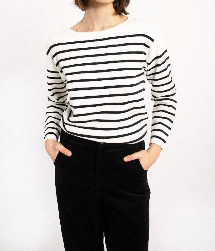 Striped Sweater With Gold Button Detail In Navy/white