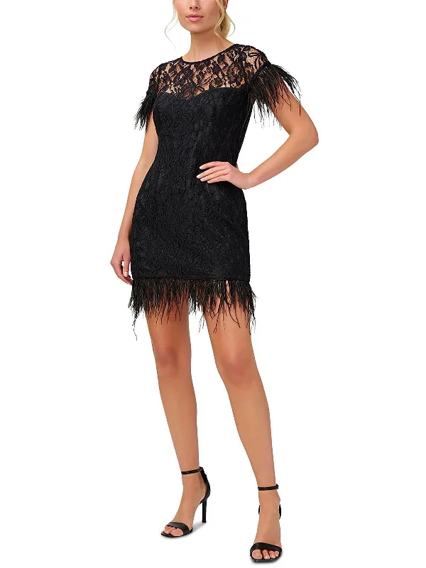 Womens Feather Trim Mini Cocktail and Party Dress