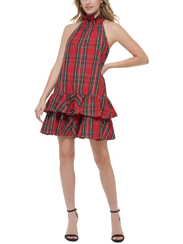 Womens Plaid Knee Halter Dress