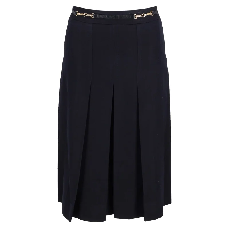 Celine Pleated Vintage Skirt in Navy Blue Wool