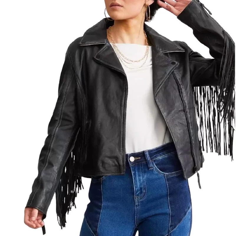 Crissy Fringe Leather Jacket In Black