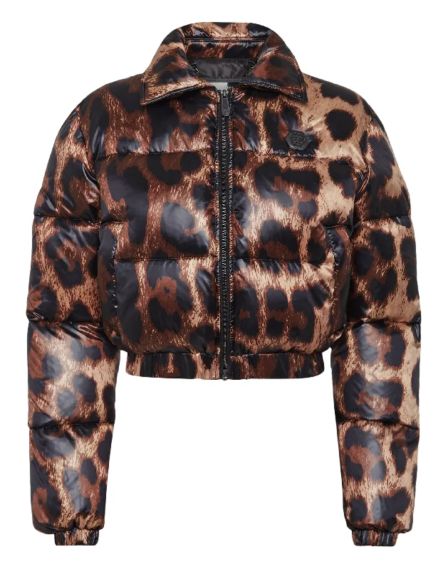 Cropped Nylon Down Jacket Leopard