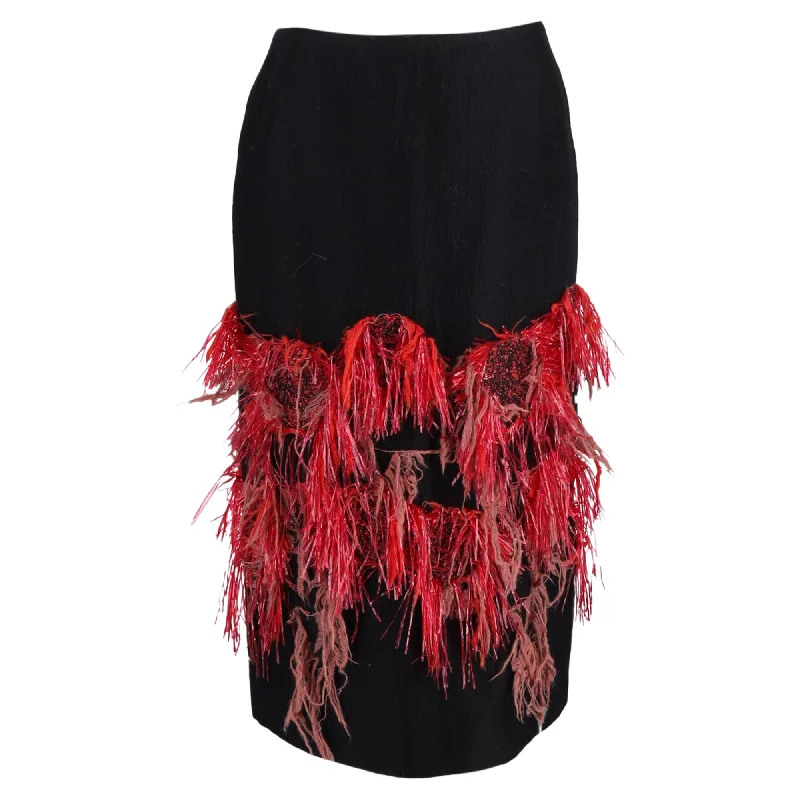 Dries Van Noten Midi Pencil With Fringe Detail Skirt in Black Wool