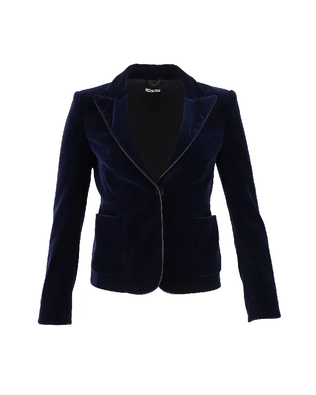 Miu Miu Leather-Trimmed Blazer in Navy Blue Velvet