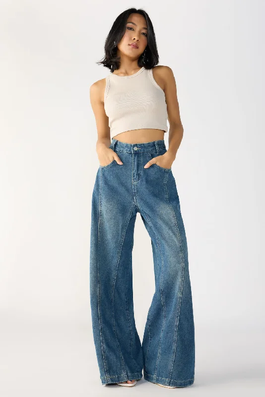 Navy Blue Denim Flared Korean Pants