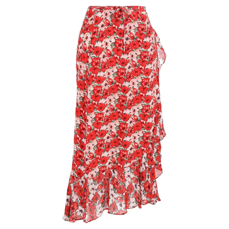 Rixo Gracie Floral Print Midi Skirt in Red Silk