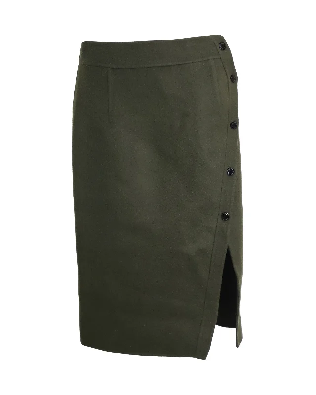 Sandro Side Button Pencil Skirt in Olive Wool