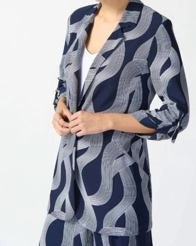 Silky Knit Abstract Print Boxy In Midnight Blue