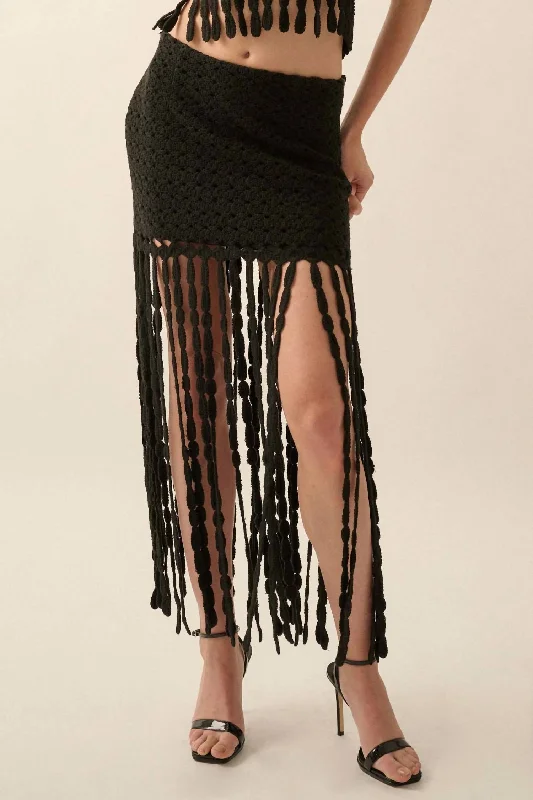 Solid Crochet Eyelet-Knit Fringe Maxi Skirt In Black