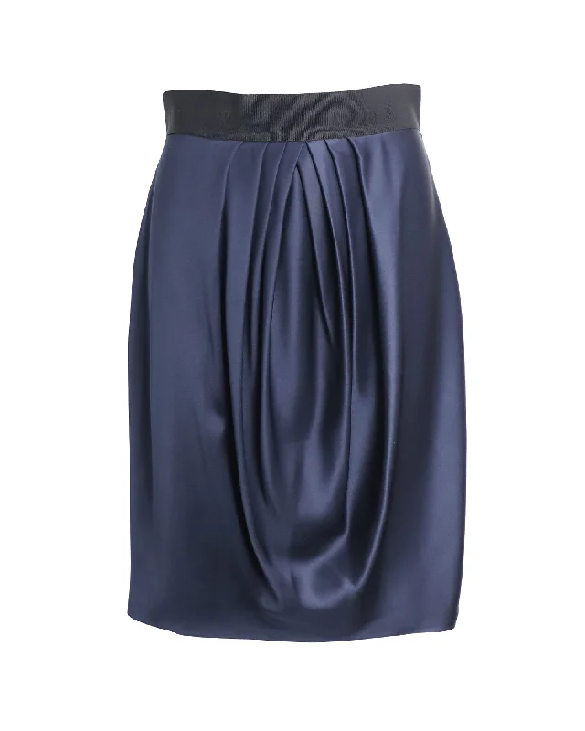 Valentino Pleated Front Midi Skirt in Navy Blue Silk