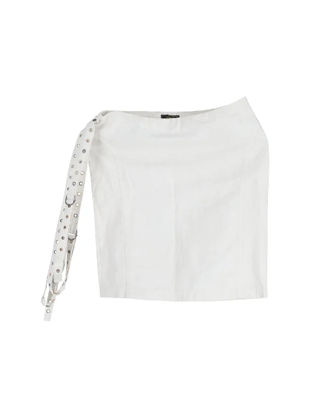 Versace Eyelet Detail Belted Mini Skirt in Ecru Cotton