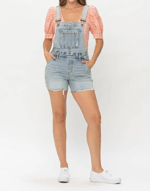 Distressed Shorts Overalls In Light Wash