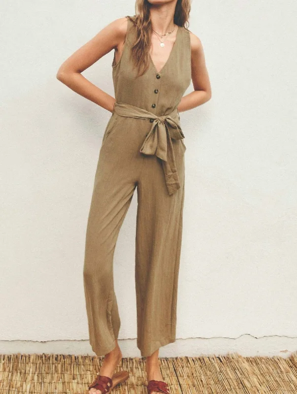 Full Life Button Front Sleeveless Jumpsuit In Sage Olive