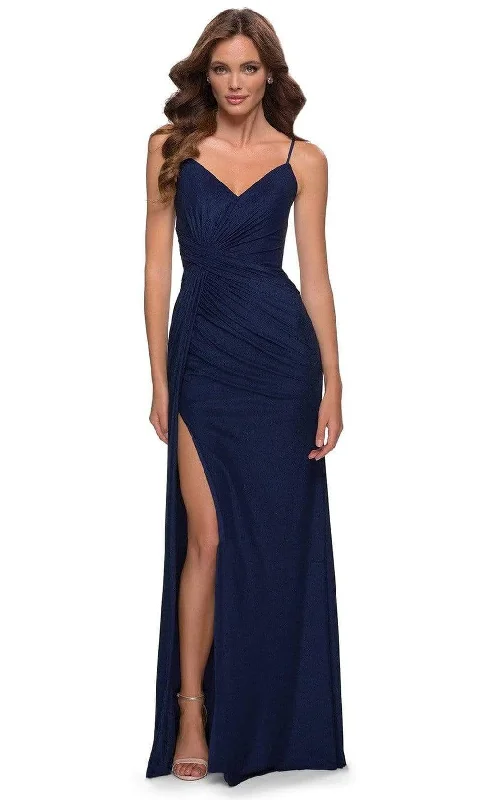 La Femme - 29699 Net Jersey V Neck Dress With Slit