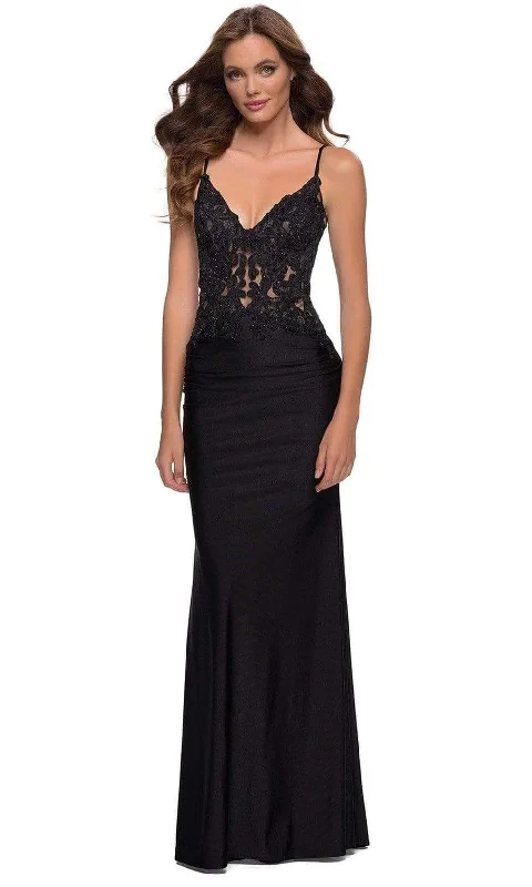 La Femme - 29774 Plunging V-Neck Lace Sheath Plus Size Prom Dress