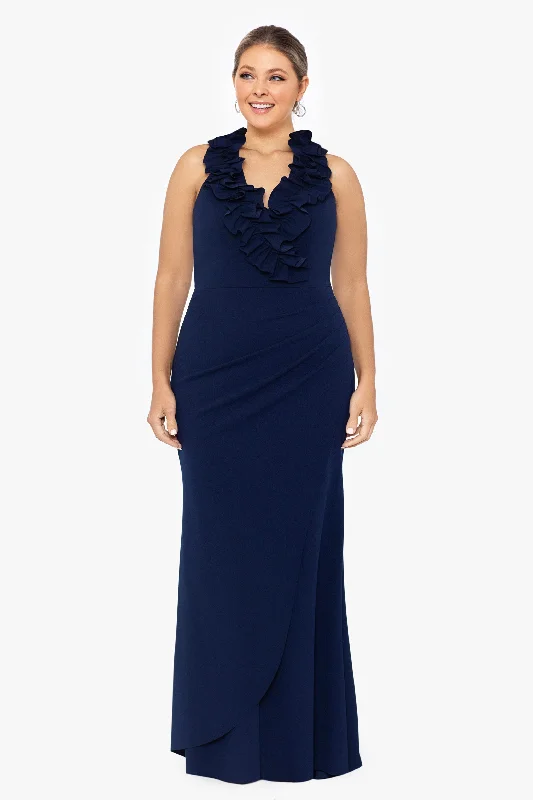 Plus "Sammy" Long Scuba Crepe V-Neck Ruffle Dress