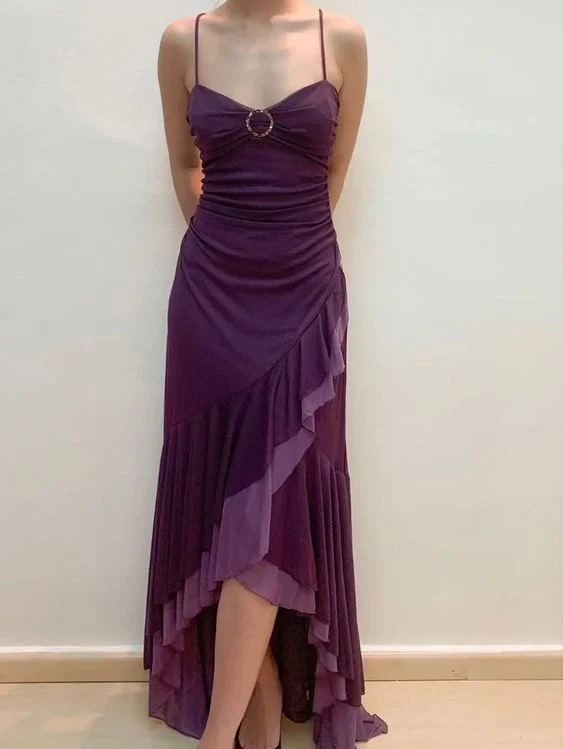 Dark Purple Spaghetti Straps Ruffles Vintage Long Prom Dress, DP3747