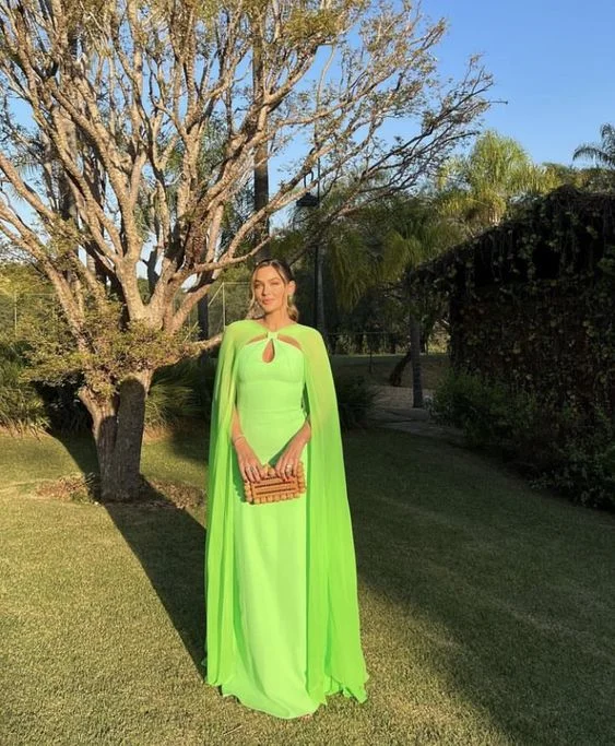 Bright Green A-Line Cape Sleeve Long Prom Dress Party Dress,DP525