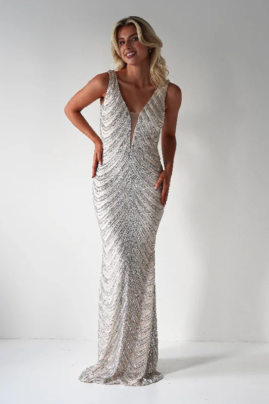 Julietta Sequin Bodycon Maxi Dress | Silver/Nude