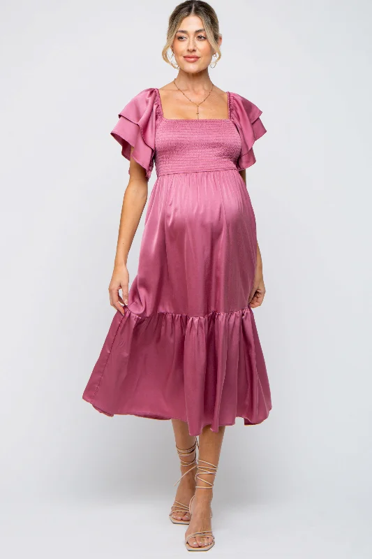 Mauve Satin Flutter Sleeve Maternity Midi Dress