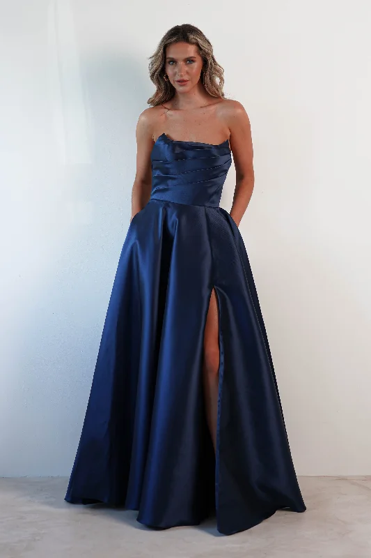 Miya Corset A-Line Satin Gown | Navy