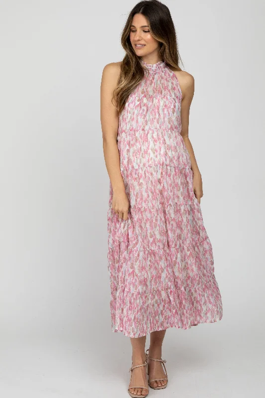 Pink Printed Sleeveless Tiered Maternity Midi Dress