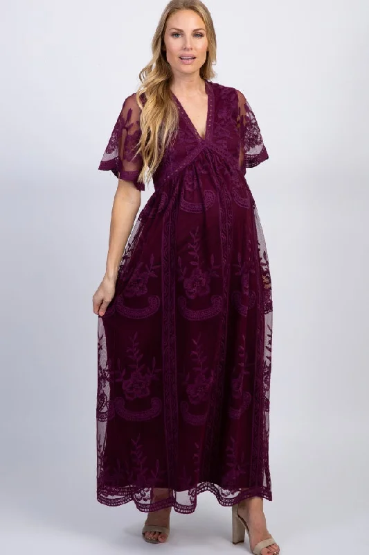 PinkBlush Deep Burgundy Lace Mesh Overlay Maternity Maxi Dress