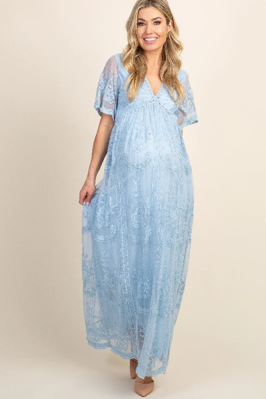 PinkBlush Light Blue Lace Mesh Overlay Maternity Maxi Dress