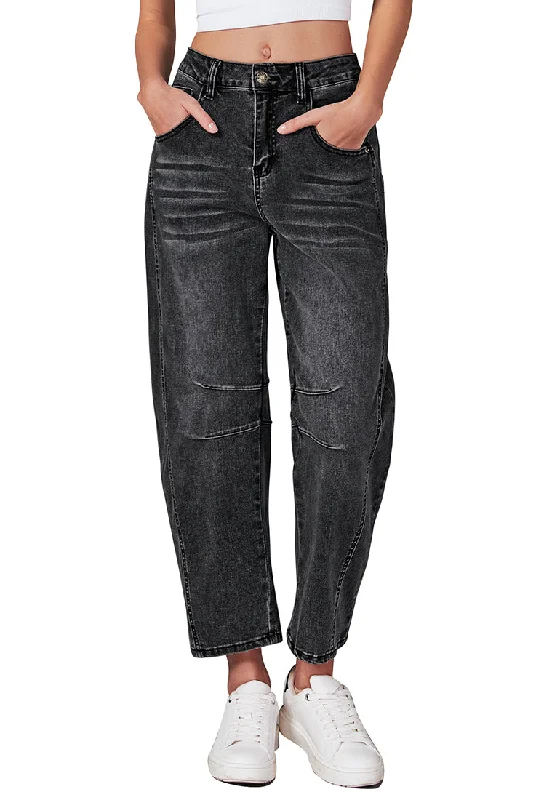 Faded Black Women's Cropped Denim High Waisted Jeans Pull On Straight Leg Stretch Barrel Jeans