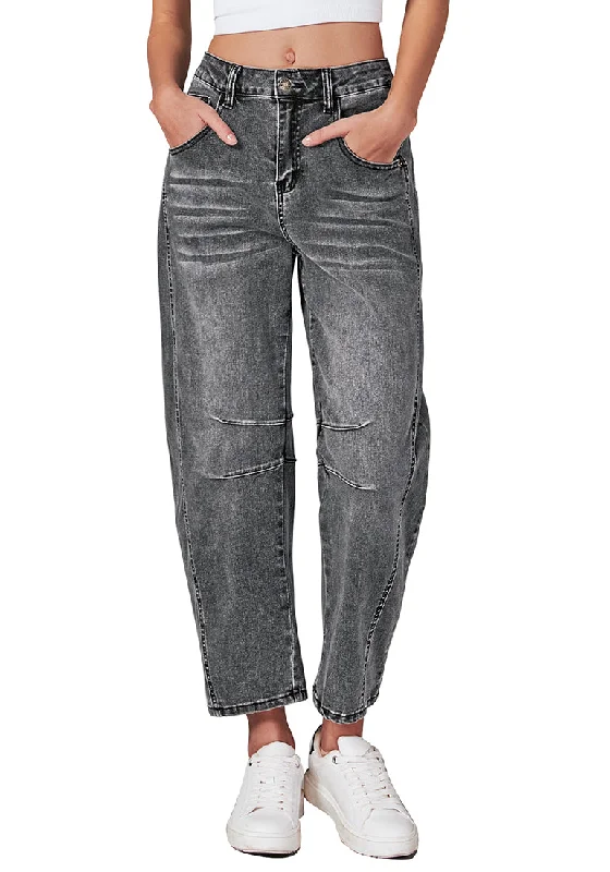 Foxy Gray Women's Cropped Denim High Waisted Jeans Pull On Straight Leg Stretch Barrel Jeans