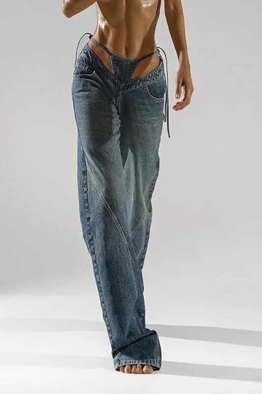 Denim Cut Out Washed Tie-Up Jeans