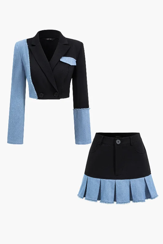 Patchwork Denim Notched Lapel Blazer And Skirt Set