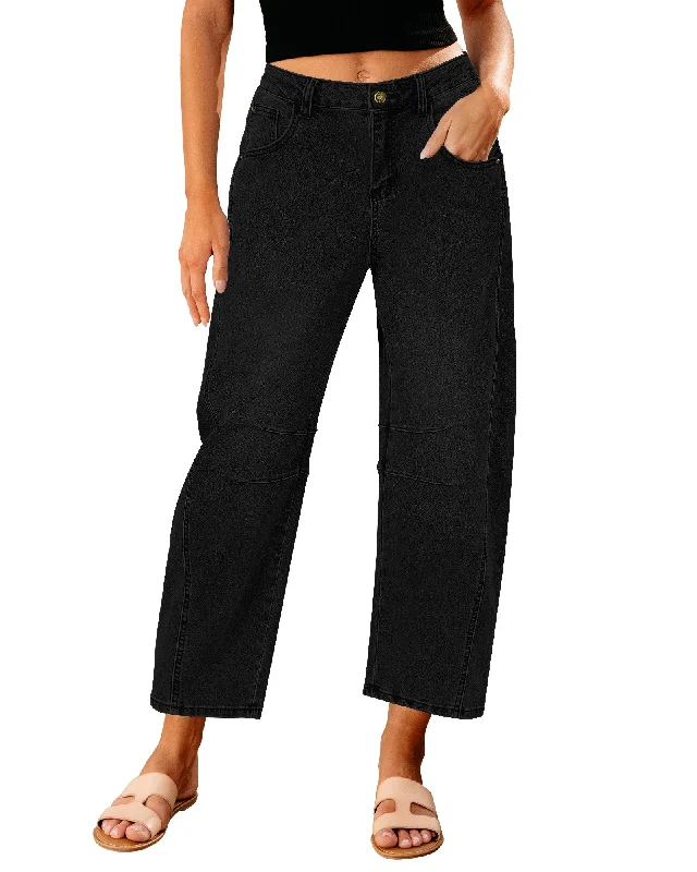 True Black Women's Cropped Denim High Waisted Jeans Pull On Straight Leg Stretch Barrel Jeans